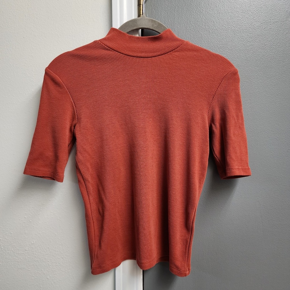 Marine Layer Shirt Lexi Mock Neck Short Sleeve Rib Top Orange Rust Size XS